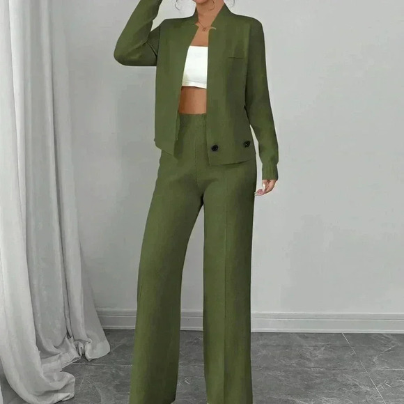 Green Elegant Women's Loose Long Sleeve Crew Neck  Knit Sweater & Suit Pants Set - Picture 7 of 8